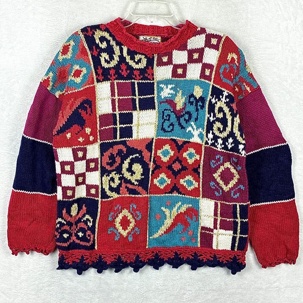 VTG Heirloom Collectibles Christmas Sweater Womens S Crotchet Hem Patchwork 90s